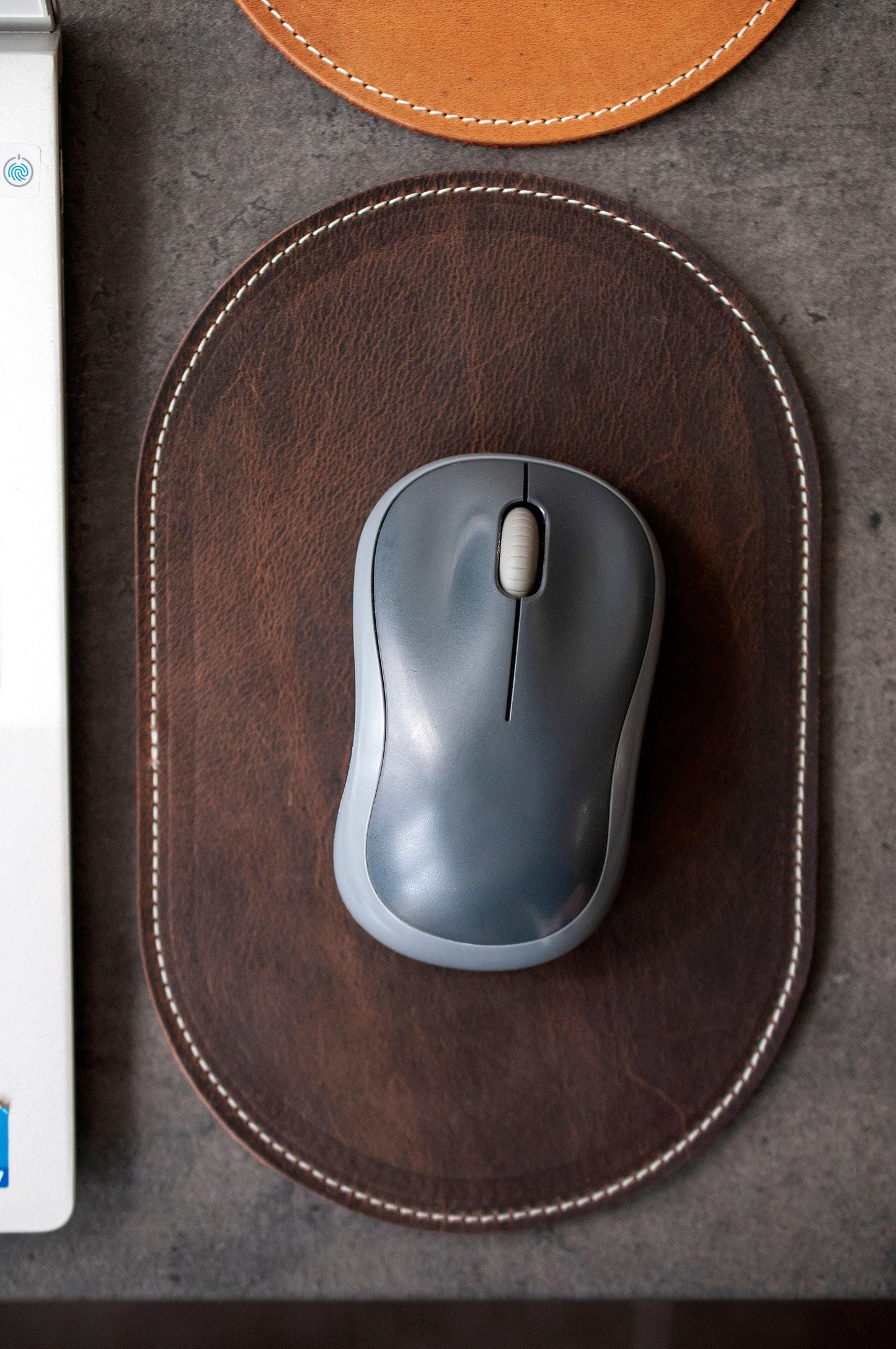 Personalized Small Leather Mouse Pad, Oval Desk Pad For Tight Spaces, Coffee House Desk Pad 3rd Anniversary Gift For Husband Wife