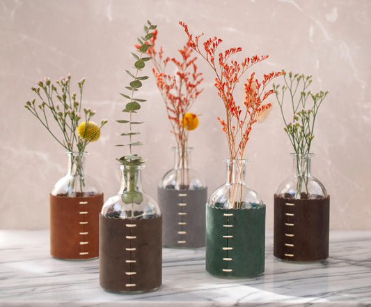 Bud Vase Leather Wrapped Flower Single Stem Cafe Style Minimalist Decorative 3rd Anniversary,  Housewarming,  Mothers Day Gift