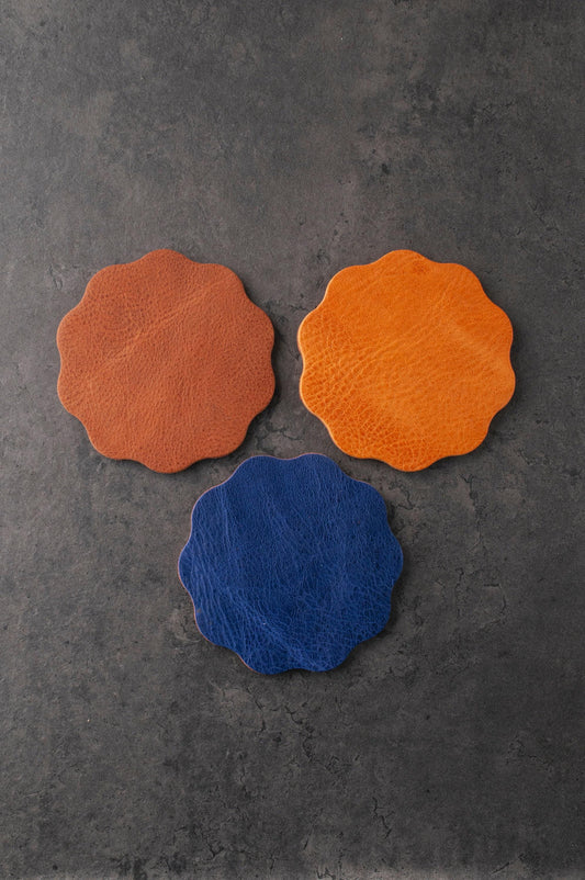 Tricolor Leather Coasters Set Of 3: Wavy Edge Mug Mats