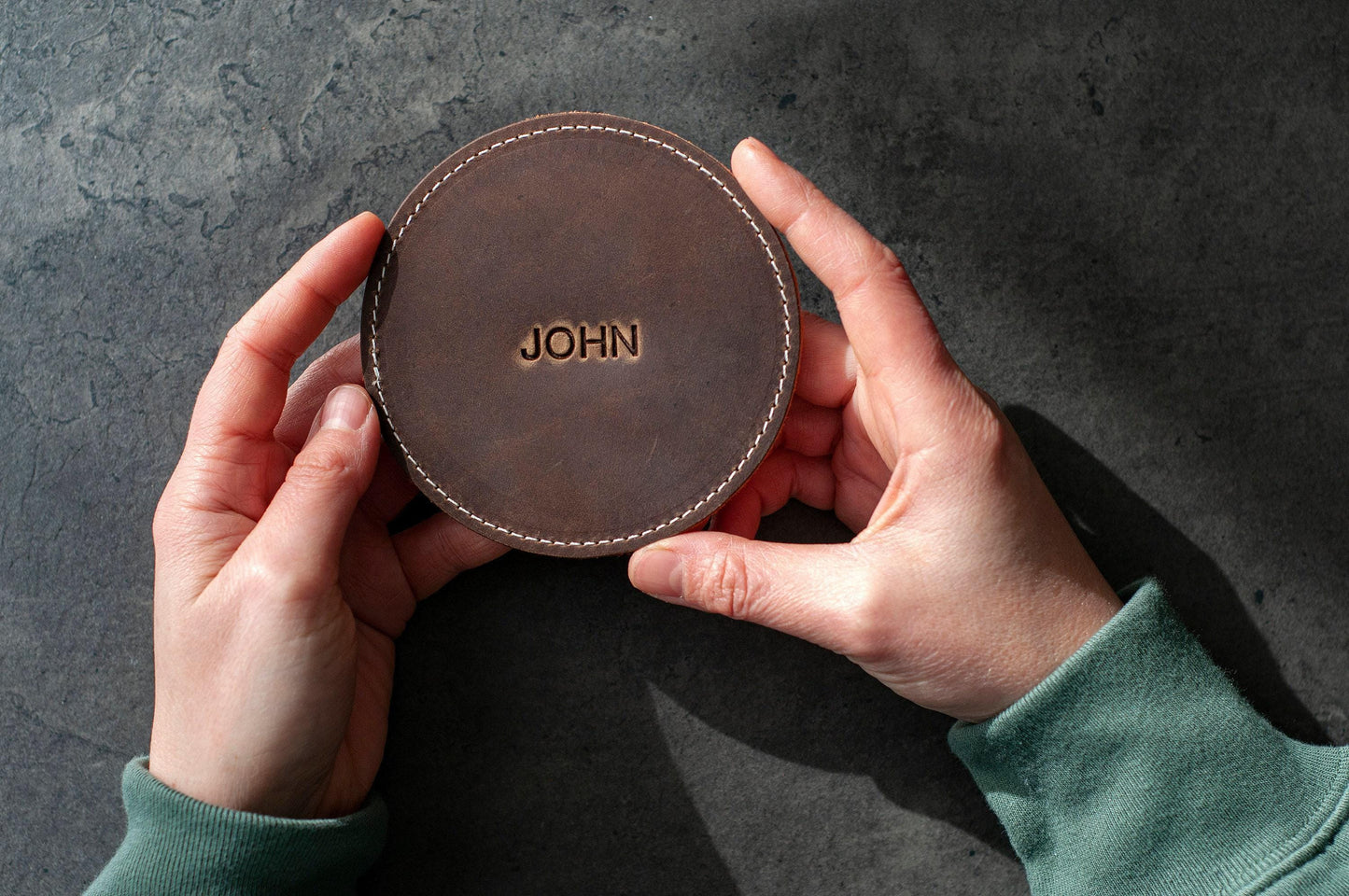 Personalized Leather Coaster Set, Customized Round Whiskey Coaster, Coffee Mug 3rd Anniversary Gift For Husband, Housewarming Mothers Day