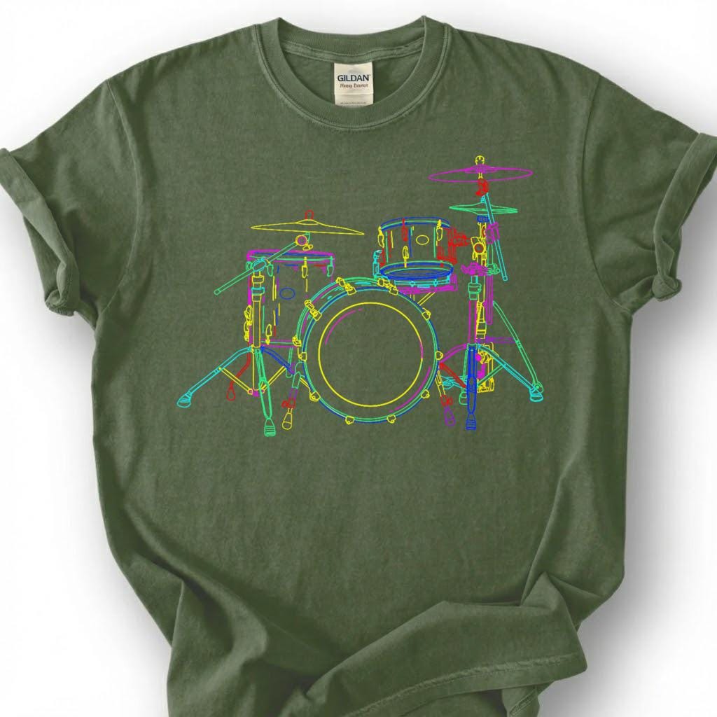 Neon Drum Kit Set Colorful Line Art Shirt, Drummer Musician Music Lover Tee, Percussion Band Player Gift T-Shirt, Rock Jazz Blues Top