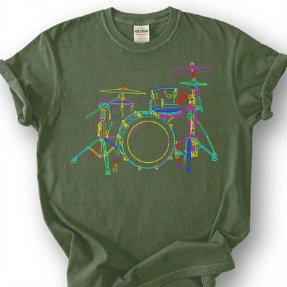 Neon Drum Kit Set Colorful Line Art Shirt, Drummer Musician Music Lover Tee, Percussion Band Player Gift T-Shirt, Rock Jazz Blues Top