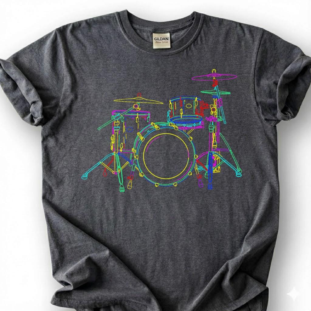 Neon Drum Kit Set Colorful Line Art Shirt, Drummer Musician Music Lover Tee, Percussion Band Player Gift T-Shirt, Rock Jazz Blues Top