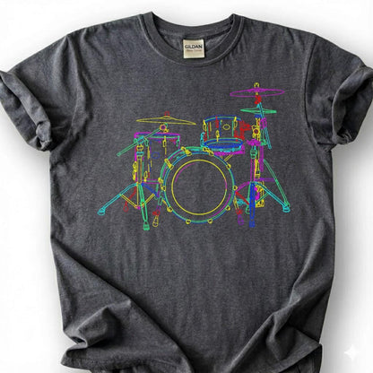 Neon Drum Kit Set Colorful Line Art Shirt, Drummer Musician Music Lover Tee, Percussion Band Player Gift T-Shirt, Rock Jazz Blues Top