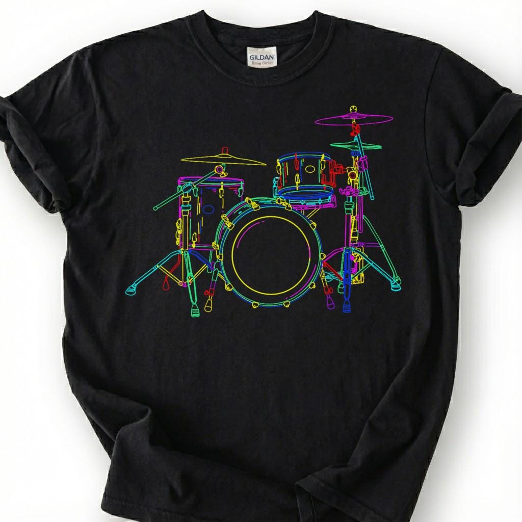 Neon Drum Kit Set Colorful Line Art Shirt, Drummer Musician Music Lover Tee, Percussion Band Player Gift T-Shirt, Rock Jazz Blues Top