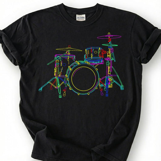 Neon Drum Kit Set Colorful Line Art Shirt, Drummer Musician Music Lover Tee, Percussion Band Player Gift T-Shirt, Rock Jazz Blues Top