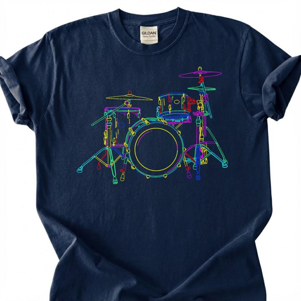 Neon Drum Kit Set Colorful Line Art Shirt, Drummer Musician Music Lover Tee, Percussion Band Player Gift T-Shirt, Rock Jazz Blues Top