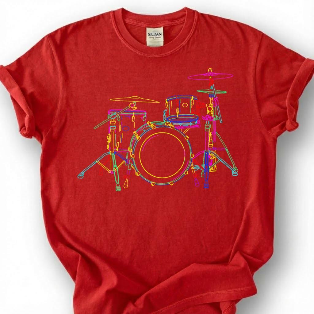 Neon Drum Kit Set Colorful Line Art Shirt, Drummer Musician Music Lover Tee, Percussion Band Player Gift T-Shirt, Rock Jazz Blues Top