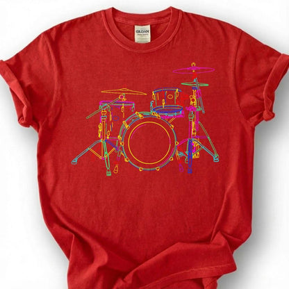 Neon Drum Kit Set Colorful Line Art Shirt, Drummer Musician Music Lover Tee, Percussion Band Player Gift T-Shirt, Rock Jazz Blues Top
