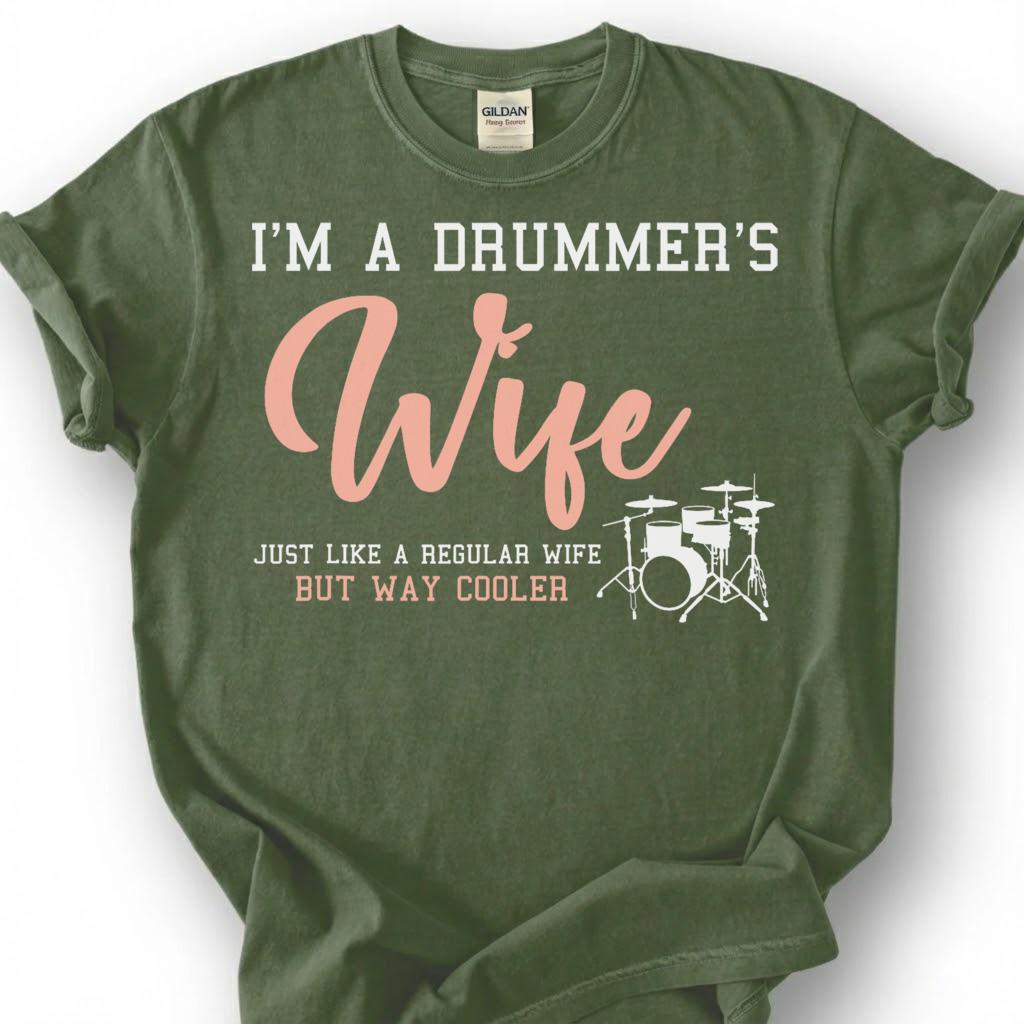 Drummer Wife Way Cooler Funny Quote Shirt, Drum Kit Silhouette Sarcastic Tee, Music Lover Spouse Gift T-Shirt, Band Musician Wifey Top