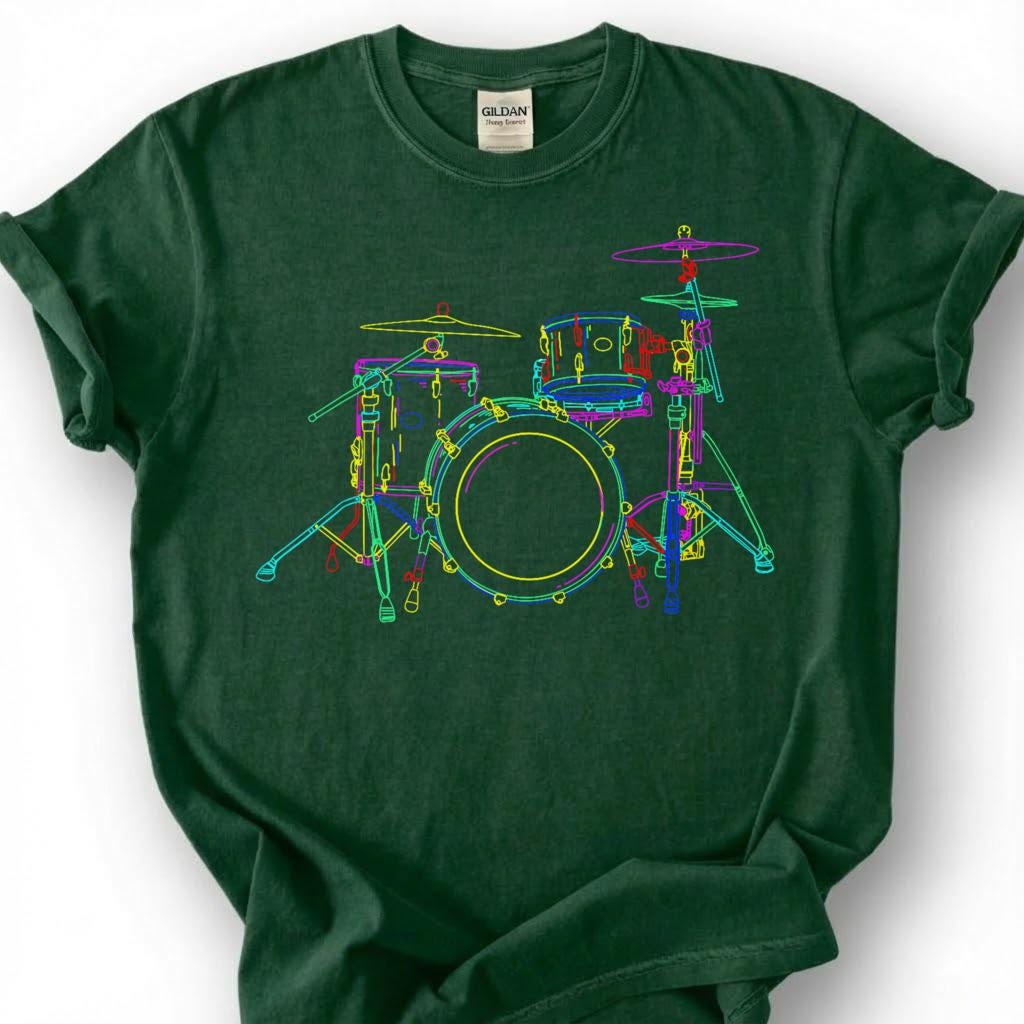 Neon Drum Kit Set Colorful Line Art Shirt, Drummer Musician Music Lover Tee, Percussion Band Player Gift T-Shirt, Rock Jazz Blues Top