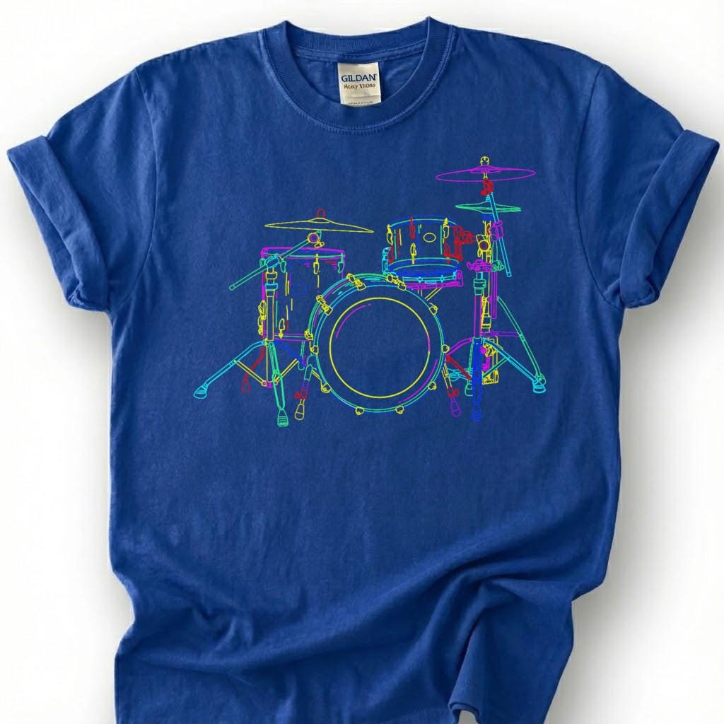 Neon Drum Kit Set Colorful Line Art Shirt, Drummer Musician Music Lover Tee, Percussion Band Player Gift T-Shirt, Rock Jazz Blues Top