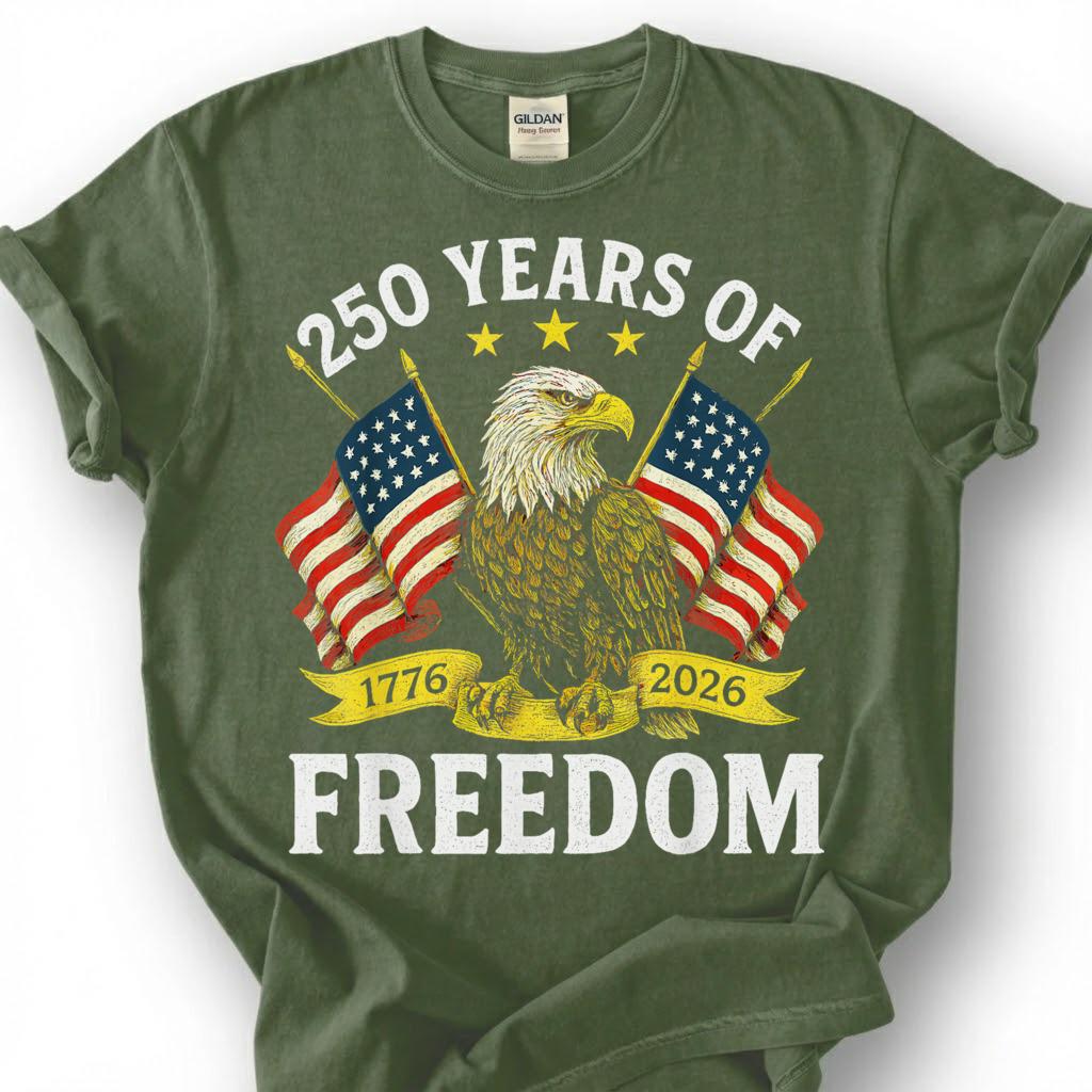 250 Years Of Freedom 1776 2026 Shirt, America Bald Eagle Flag Tee, USA Semiquincentennial Top, Patriotic Anniversary Apparel, July 4th Gift