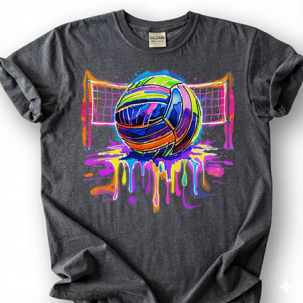 Colorful Volleyball Net Drip Paint Shirt, Volleyball Player Tee For Girls, Volleyball Lover Gift, Watercolor Sport Graphic Apparel
