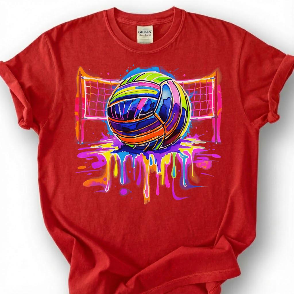 Colorful Volleyball Net Drip Paint Shirt, Volleyball Player Tee For Girls, Volleyball Lover Gift, Watercolor Sport Graphic Apparel