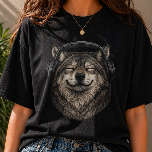 Wolf Headphones T-Shirt Chill Wolf Shirt Aesthetic Animal Tee Relaxing Music Lover Shirt Cute Dog Graphic Tee Gift for Her