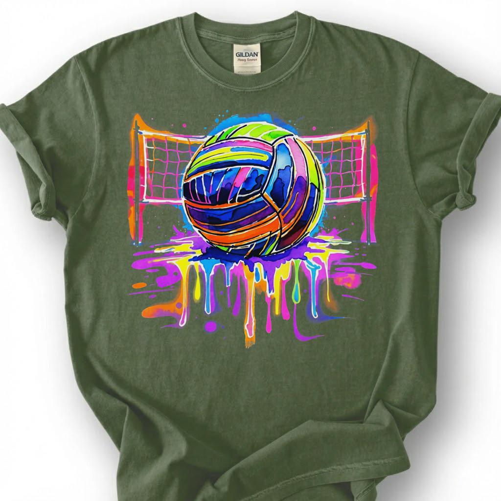 Colorful Volleyball Net Drip Paint Shirt, Volleyball Player Tee For Girls, Volleyball Lover Gift, Watercolor Sport Graphic Apparel